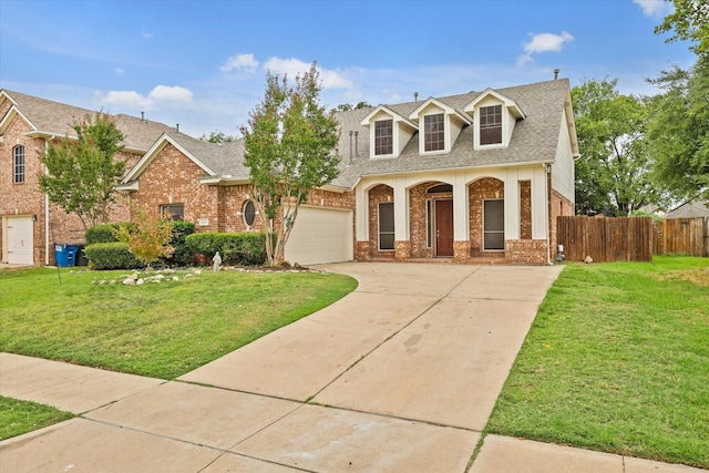 new england style home with brick siding, an attached garage, and a front yard