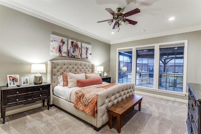 bedroom featuring light carpet, recessed lighting, visible vents, and crown molding