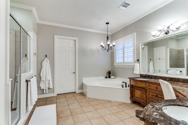 bathroom with ornamental molding, vanity, visible vents, and an inviting chandelier