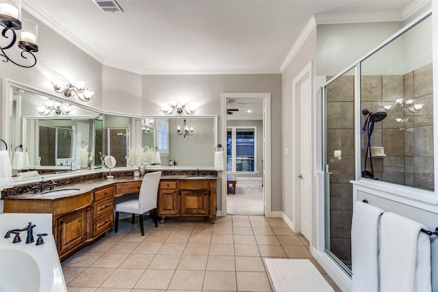 bathroom with crown molding, a stall shower, visible vents, and tile patterned floors