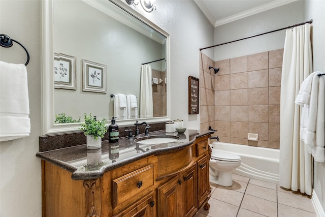 full bath with toilet, ornamental molding, tile patterned flooring, shower / bathtub combination with curtain, and vanity