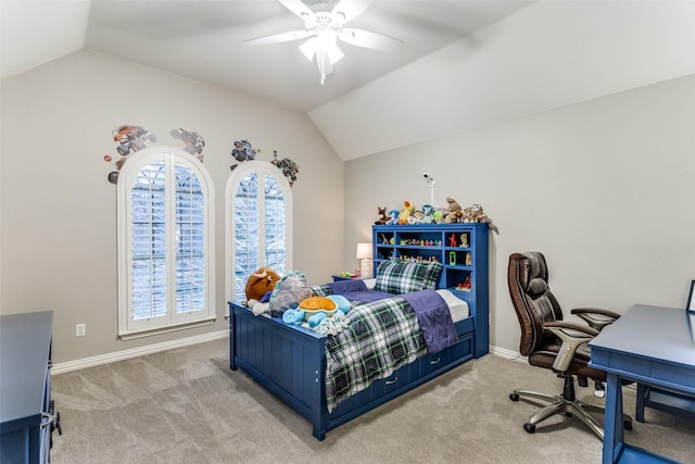 bedroom featuring lofted ceiling, ceiling fan, baseboards, and light colored carpet