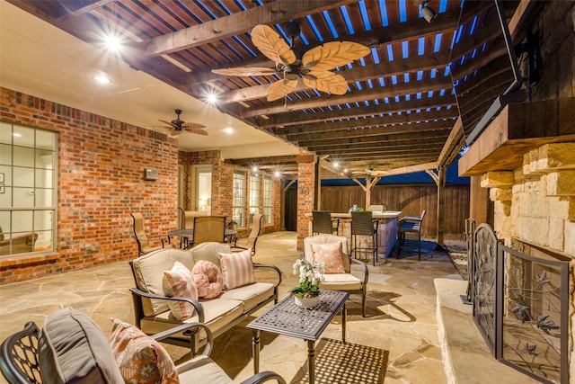 view of patio featuring outdoor dining area, fence, a ceiling fan, an outdoor living space, and a pergola