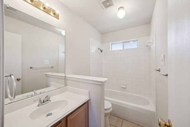 full bath with toilet, tile patterned flooring, visible vents, and  shower combination