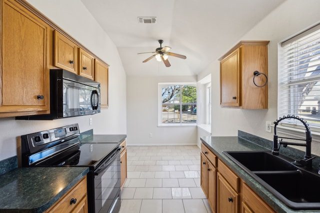 kitchen with black microwave, range with electric stovetop, a sink, visible vents, and dark countertops