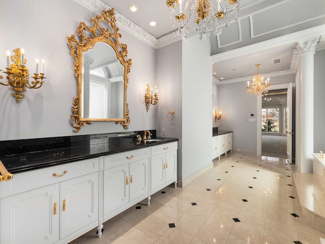 full bathroom featuring vanity, visible vents, ornamental molding, tile patterned flooring, and a chandelier