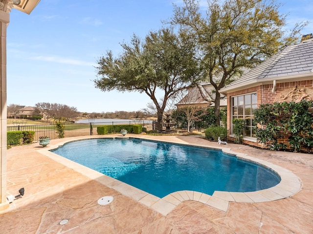 view of pool featuring a patio, fence, and a fenced in pool