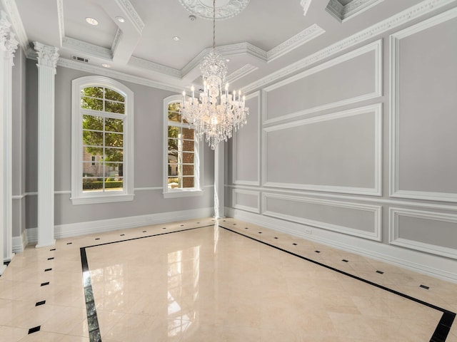 unfurnished dining area with baseboards, coffered ceiling, recessed lighting, crown molding, and a decorative wall