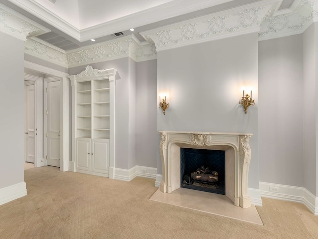 unfurnished living room featuring carpet flooring, baseboards, a high end fireplace, and ornamental molding