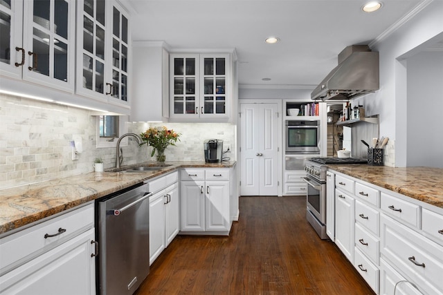 kitchen with stainless steel appliances, ventilation hood, a sink, and light stone countertops