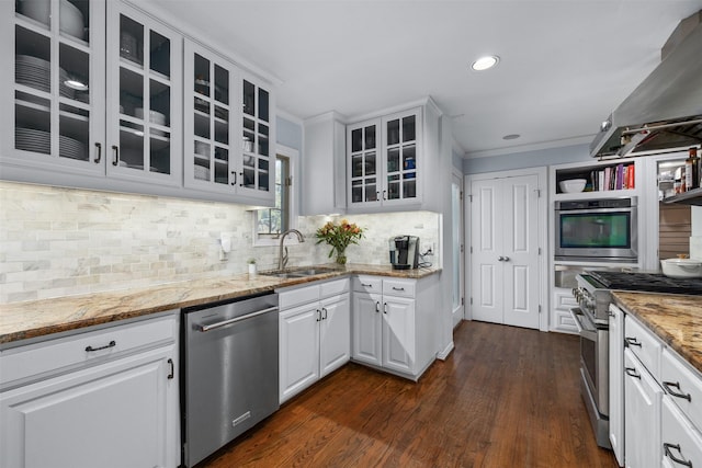 kitchen with light stone counters, a sink, appliances with stainless steel finishes, wall chimney range hood, and dark wood finished floors