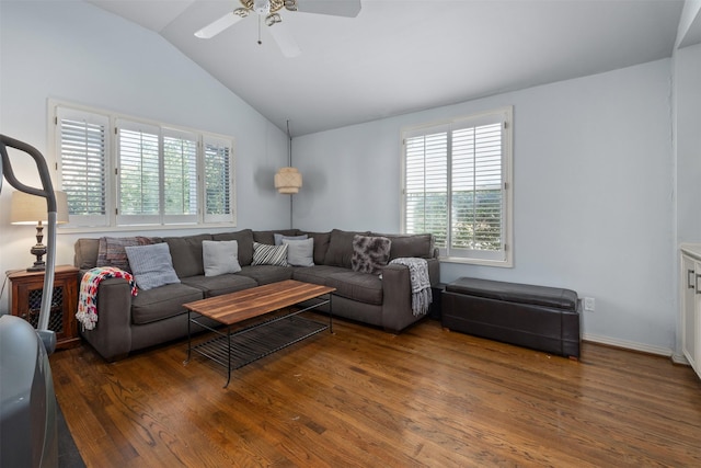 living room with lofted ceiling, ceiling fan, and wood finished floors