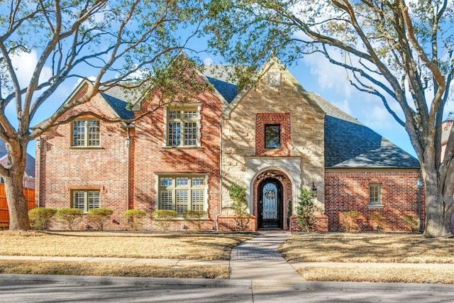 view of front of house with brick siding and roof with shingles