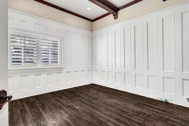 unfurnished room featuring crown molding, dark wood finished floors, recessed lighting, a decorative wall, and beamed ceiling