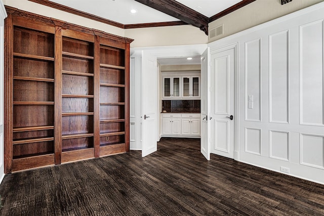 unfurnished bedroom with dark wood-type flooring, recessed lighting, visible vents, and beamed ceiling