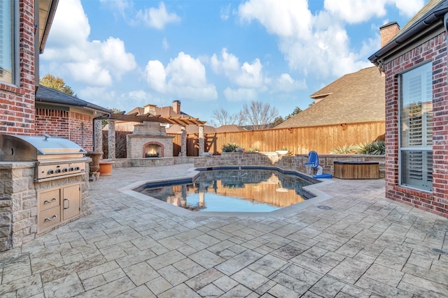 view of swimming pool featuring an outdoor stone fireplace, a patio, area for grilling, a grill, and fence