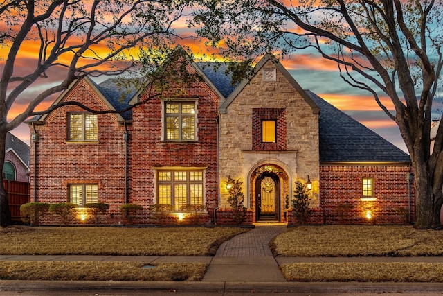 english style home featuring stone siding, brick siding, roof with shingles, and a yard
