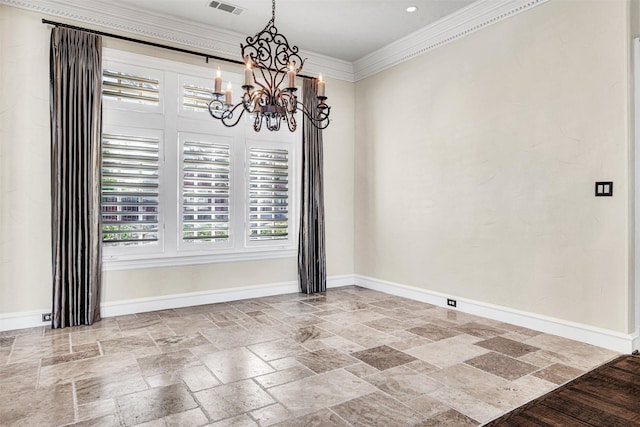 unfurnished room with an inviting chandelier, baseboards, ornamental molding, and stone tile flooring