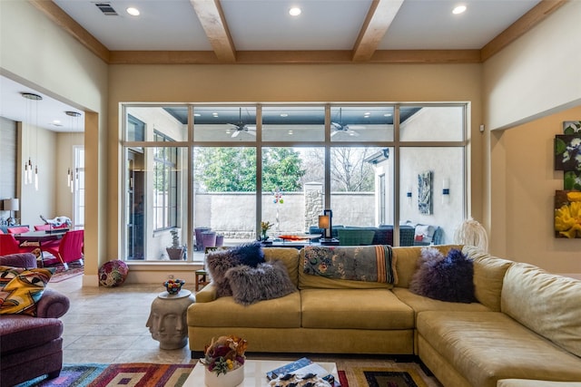 tiled living room with a ceiling fan, recessed lighting, beam ceiling, and visible vents