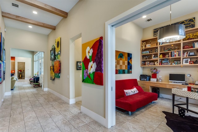 hall featuring recessed lighting, visible vents, beamed ceiling, and baseboards