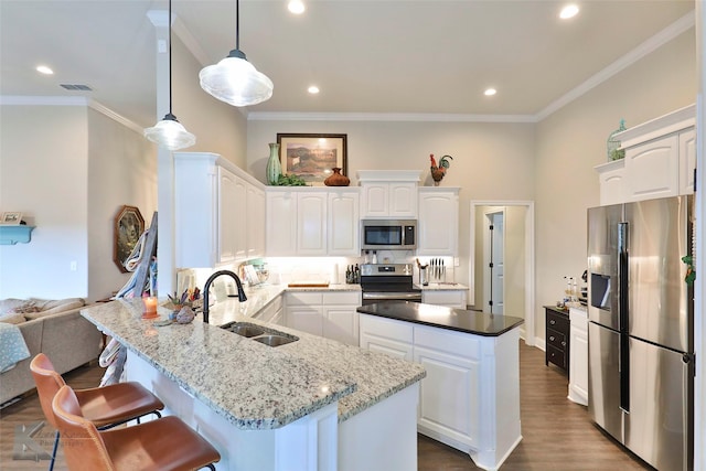 kitchen with a peninsula, crown molding, appliances with stainless steel finishes, and a sink