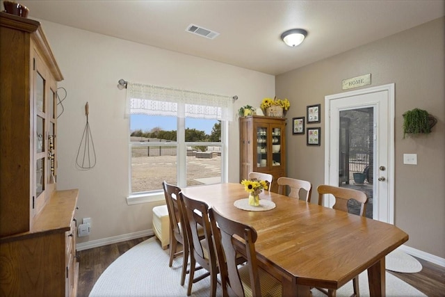 dining space with dark wood-style flooring, visible vents, and baseboards