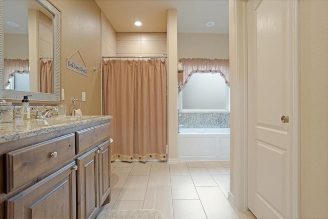 bathroom with a shower with curtain, vanity, recessed lighting, and a bath