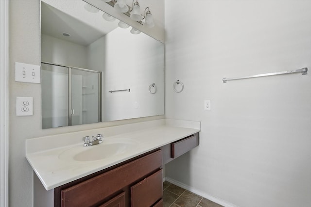 full bath featuring a stall shower, tile patterned floors, and vanity