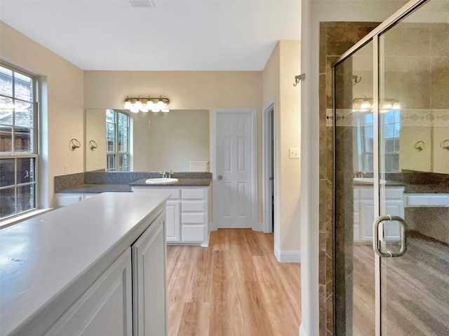 bathroom with wood finished floors, visible vents, vanity, baseboards, and a shower stall