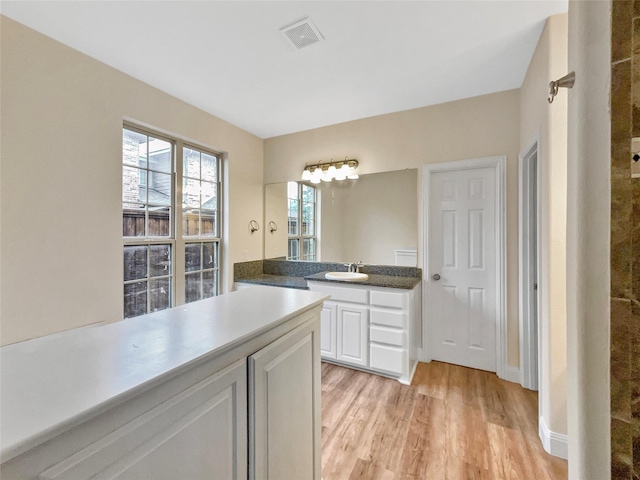 bathroom with visible vents, vanity, baseboards, and wood finished floors