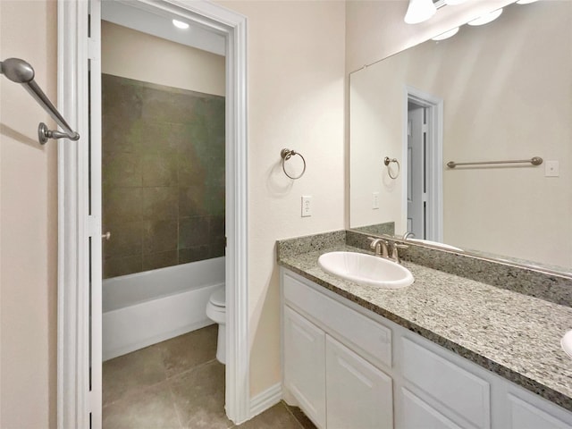 full bathroom featuring shower / bath combination, vanity, toilet, and tile patterned floors