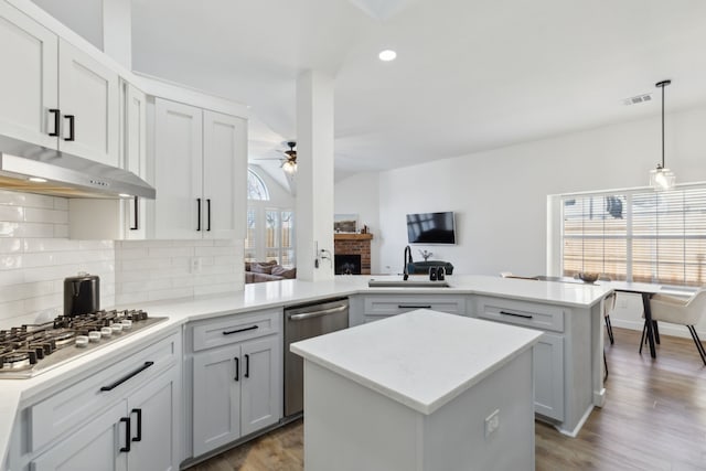 kitchen featuring a peninsula, a sink, a ceiling fan, appliances with stainless steel finishes, and backsplash