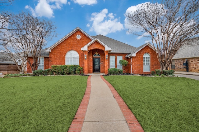 view of front of home featuring brick siding, a front yard, and a shingled roof