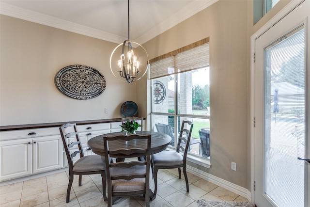 dining space featuring ornamental molding, light tile patterned flooring, baseboards, and an inviting chandelier