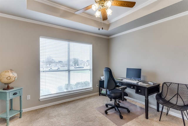 office area with ornamental molding, a raised ceiling, and carpet flooring