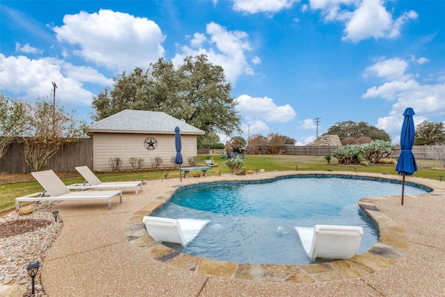 view of swimming pool featuring a lawn, a fenced backyard, and a fenced in pool