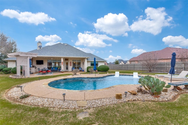 view of pool with a patio, fence, a lawn, a fenced in pool, and a pergola