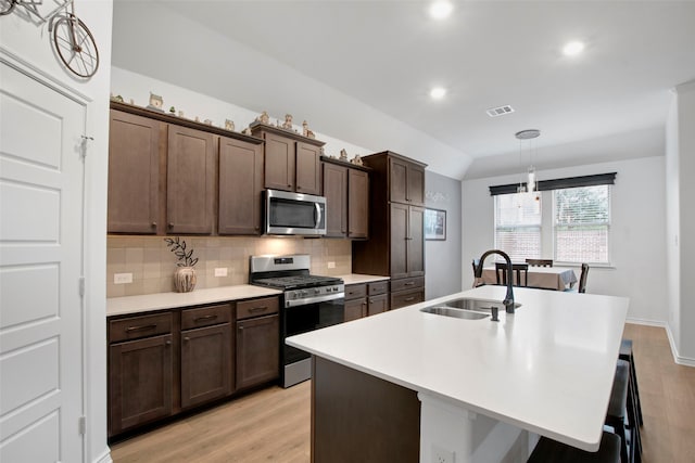 kitchen with a sink, visible vents, light countertops, appliances with stainless steel finishes, and decorative backsplash