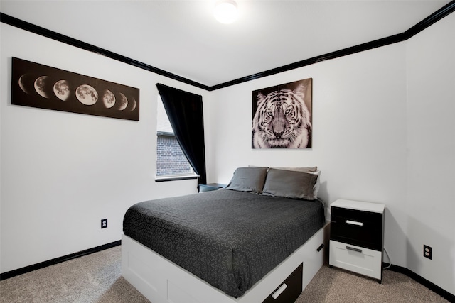 bedroom featuring crown molding, carpet flooring, and baseboards