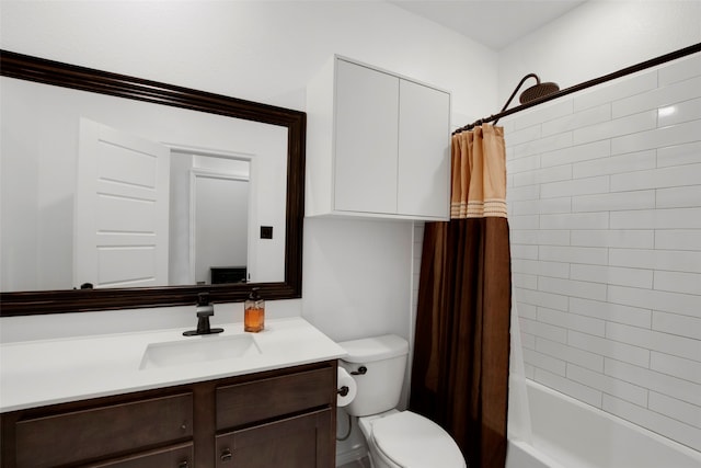 full bathroom with vanity, toilet, and shower / tub combo with curtain