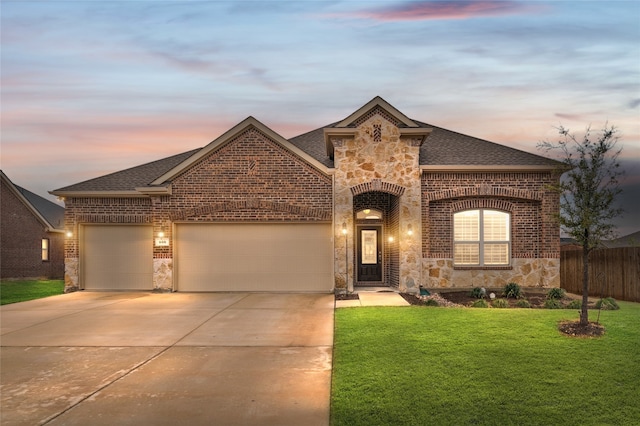 view of front of home featuring fence, driveway, a garage, a lawn, and brick siding