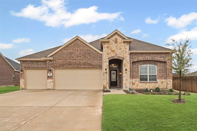 french country inspired facade featuring driveway, a front yard, a shingled roof, a garage, and brick siding