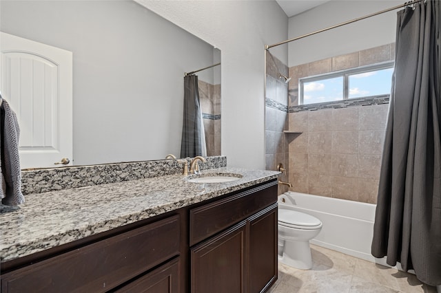 full bath with vanity, toilet, and shower / bath combo with shower curtain