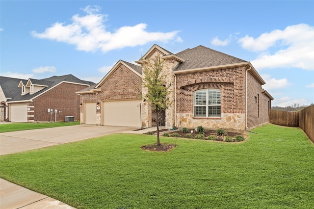 view of front facade featuring brick siding, concrete driveway, a front yard, stone siding, and an attached garage