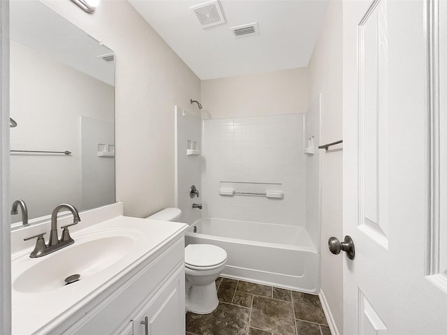 full bathroom featuring toilet, shower / washtub combination, vanity, and visible vents