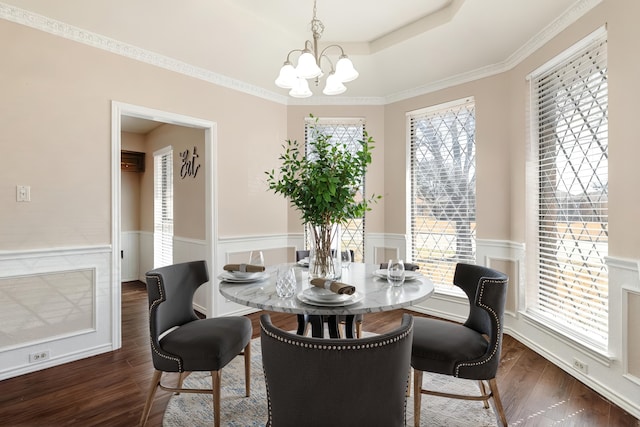 dining room featuring a chandelier, a wainscoted wall, wood finished floors, ornamental molding, and a raised ceiling