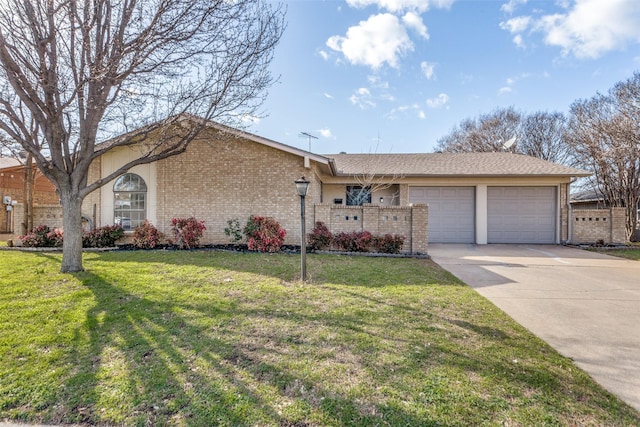 ranch-style home featuring a garage, concrete driveway, brick siding, and a front yard