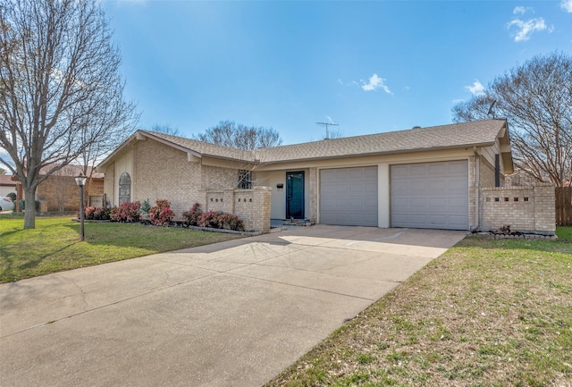 ranch-style home featuring driveway, brick siding, a front lawn, and an attached garage