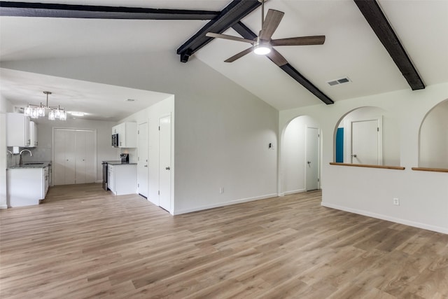 unfurnished living room featuring ceiling fan with notable chandelier, a sink, visible vents, and light wood-style floors