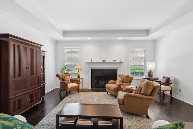 living area with baseboards, a tray ceiling, dark wood-type flooring, and a tile fireplace